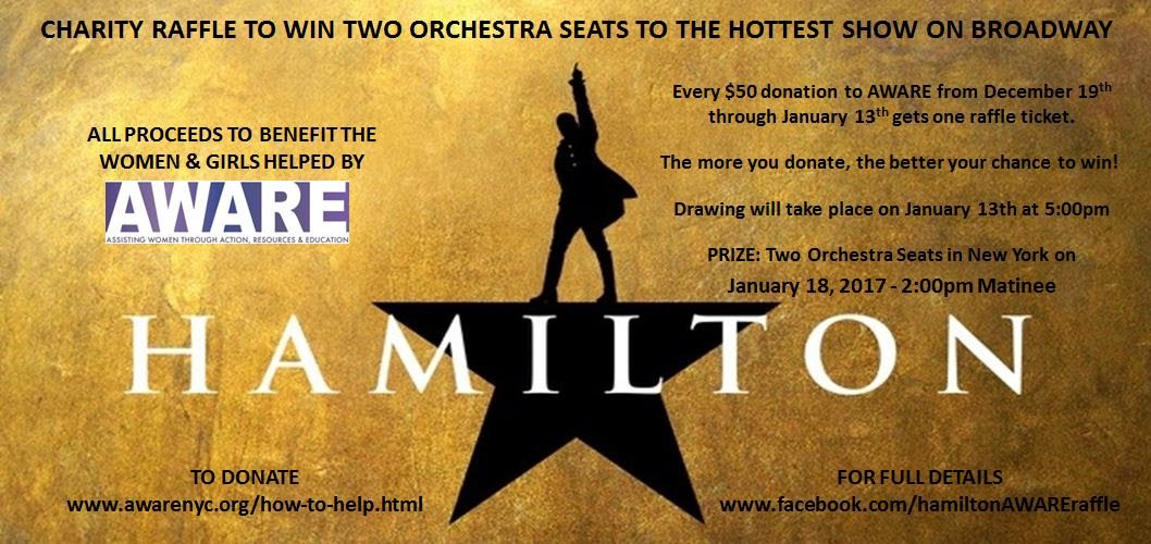 AWARE_nyc's tweet photo. Donate $50 (https://t.co/zGmWPvVl90) thru Jan 13th  to win one of two sets of orchestra tickets to see Hamilton! https://t.co/04cDnHXadz. https://t.co/KqDVeazRcX