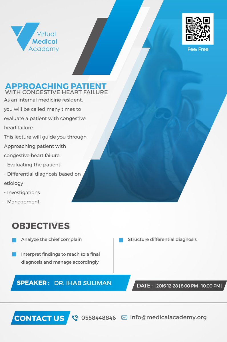medical_vma's tweet photo. Approaching patient with congestive heart failure
By Dr. Ihab Suliman
SIGN NOW
https://t.co/KYdG7icZXK
|Tomorrow |Free|
#VMA_2016 https://t.co/4sADYpkZFG
