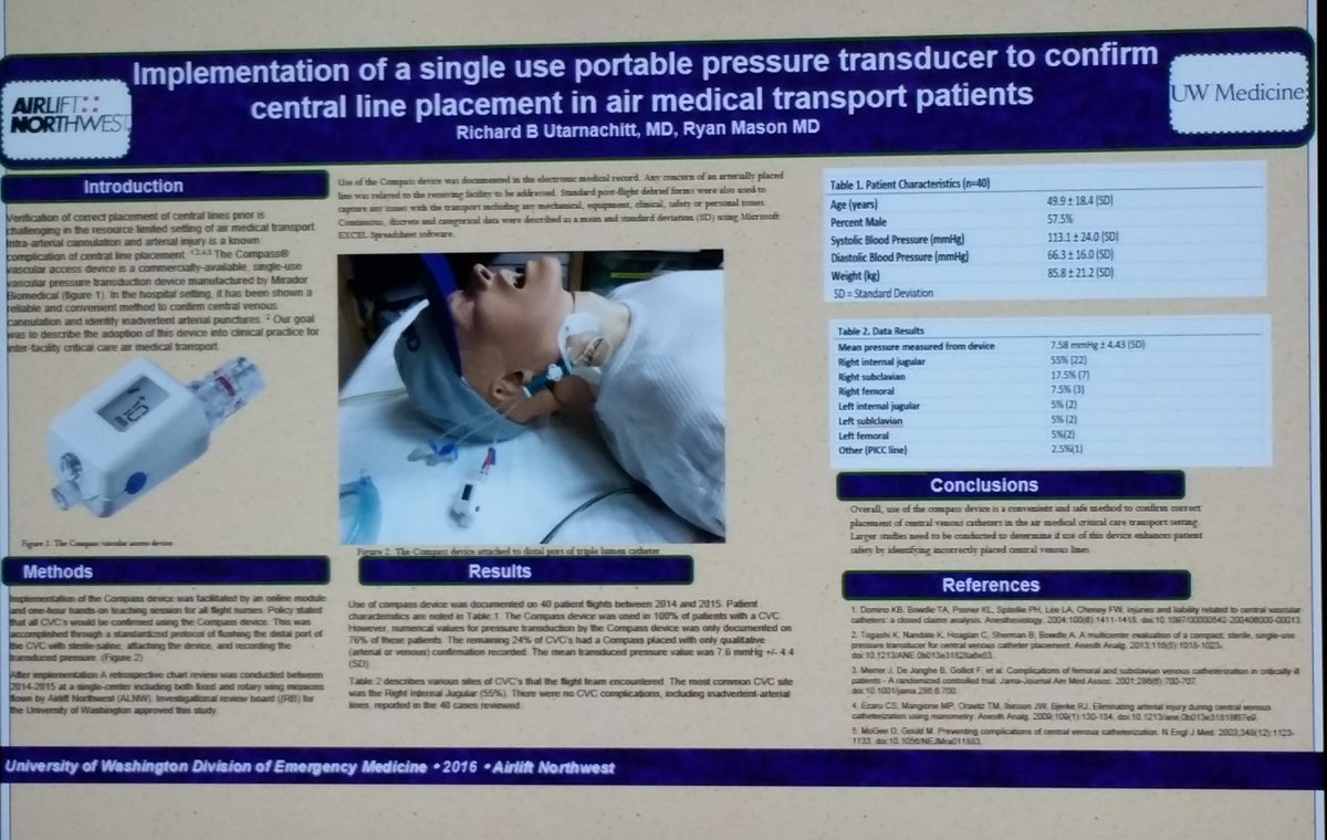 UCAirCareDoc's tweet image. #AMTC16 Scientific Assembly: @AirliftNW: Use of Portable Disposable Pressure Transducer 2 Confirm Central Line Placemnt in #HEMS @AAMS @AMTC
