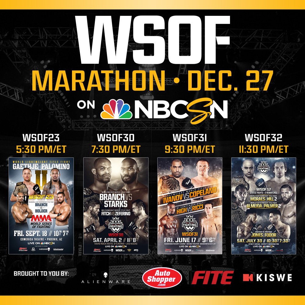 PFLMMA's tweet photo. MMArathon Alert! Get ready for #WSOFNYC with #WSOF23, #WSOF30, #WSOF31 & #WSOF32 on @NBCSN Starting Right Now! https://t.co/ljBSMvsT0A https://t.co/K13bCG1BeK
