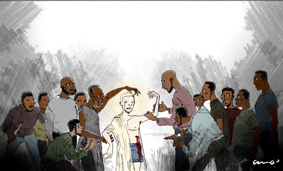 Albinism's tweet photo. "The curse of being different". Illustration by @_fronterizo on albinism in Africa https://t.co/TH4fgsUwUM