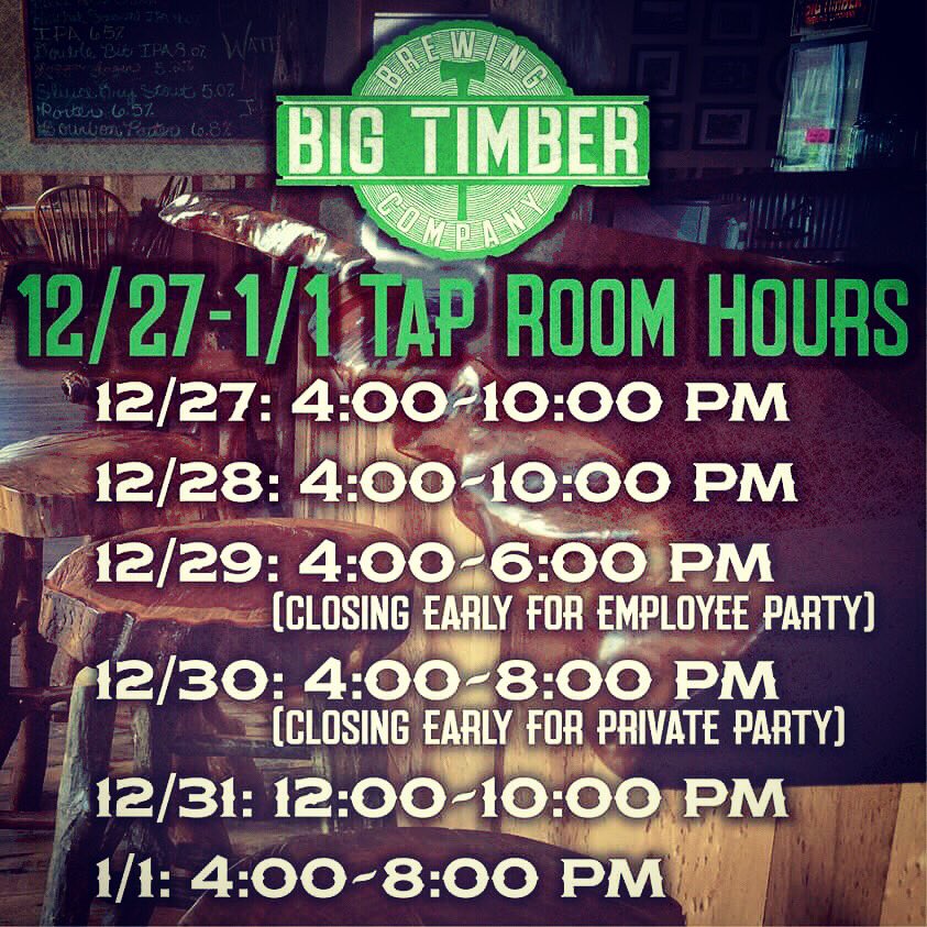 BigTimberBrew's tweet photo. Cheers! Here are our tap room hours for this glorious (but busy) week between the holidays! #axforbigtimber #axforbtb #bigtimberbrewing https://t.co/yR0sFXIqM2