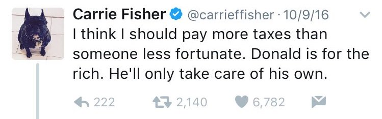 jdd2169's tweet photo. #CarrieFisher From "Carrie Fisher" to all #Trump & #MAGA #Deplorables who said to #DumpStarsWars @realDonaldTrump #FuckTrump #TrumpLeaks https://t.co/353mWWh1wc