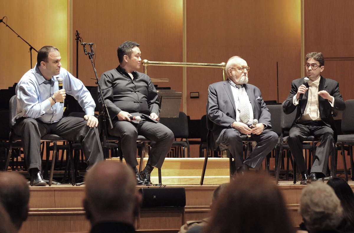 BPOrchestra's tweet photo. Roman Mekinulov, Dennis Kim, Maestro Penderecki & Janz Castelo in Musically Speaking sponsored by @UnilandDevCo #BPO2016 #yearinreview https://t.co/xqX7oc1r8q