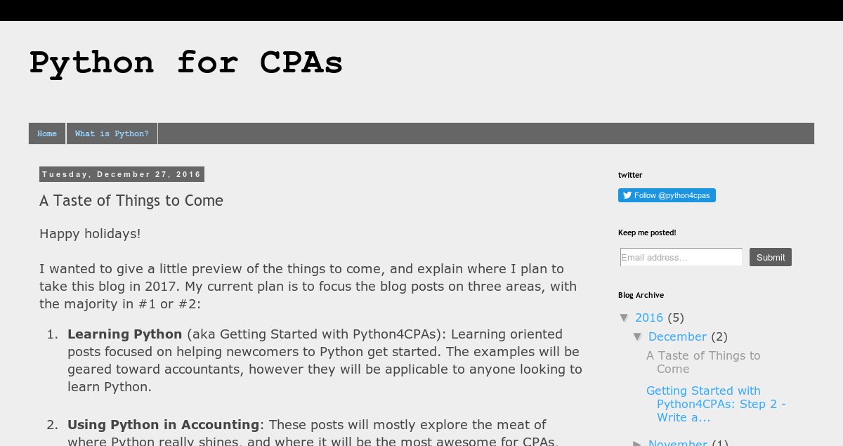 python4cpas's tweet image. Check out what we have planned for python4cpas! #Accounting #python #CPAs python4cpas.com/2016/12/a-tast…