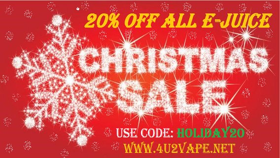 4U2VAPE's tweet photo. After Christmas Sale still going on! 20% OFF All E-Juice! Hurry and Shop Now at https://t.co/03GLB8GFoD  while supplies last! https://t.co/NWAly7p0Bd