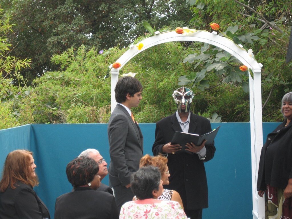 robertcachola's tweet photo. MF DOOM officiating a wedding is golden https://t.co/oW7p58ARLn