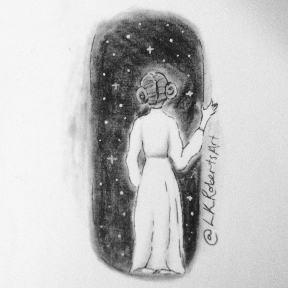 LKRobertsArt's tweet photo. I decided to sketch Carrie Fisher in the role I loved her best in, stepping into the stars. ✨ #CarrieFisher #RIP ❤ https://t.co/4M5x2qzCNO