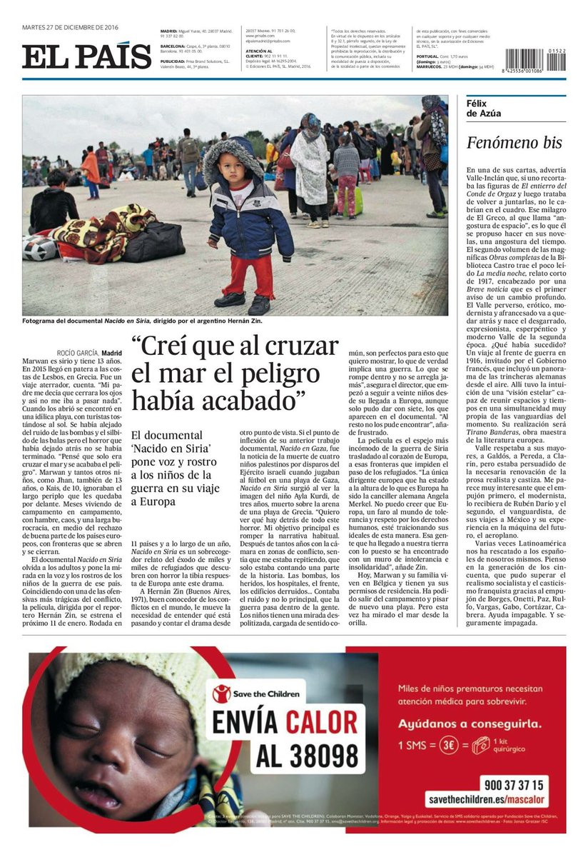 borninsyria's tweet photo. Gracias @elpais_espana por la contraportada que habéis dedicado hoy a nuestra película. Estrenamos el 12 de enero. https://t.co/wvkCe2nMhb