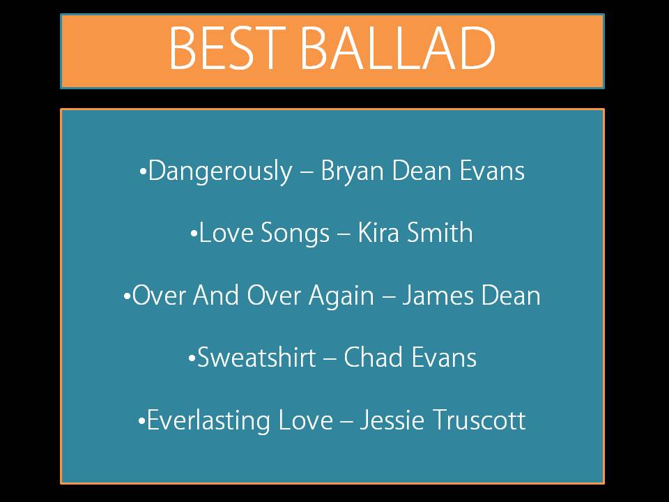 DollsAwards's tweet photo. HERE ARE THE NOMINEES FOR "BEST BALLAD"
@BryanDeanEvans @KiraSmithOFC @JamesEvansOFC @chaddeanevans @JessieTruscott https://t.co/IWdblGHJss