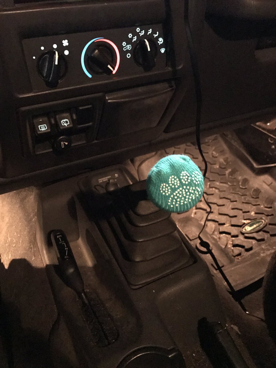 SchutteMath's tweet image. Metal shifter is getting a little too cold. Thanks Coconut and Hula for the sock #jeeplife #coldpaw