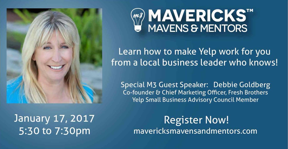 Debbie Goldberg of <a href="/FreshBrothers/">FreshBrothers</a> to speak at M3 01/17/16 Sign-up now! bit.ly/2icYU1q #event #ManhattanBeach #yelp #business
