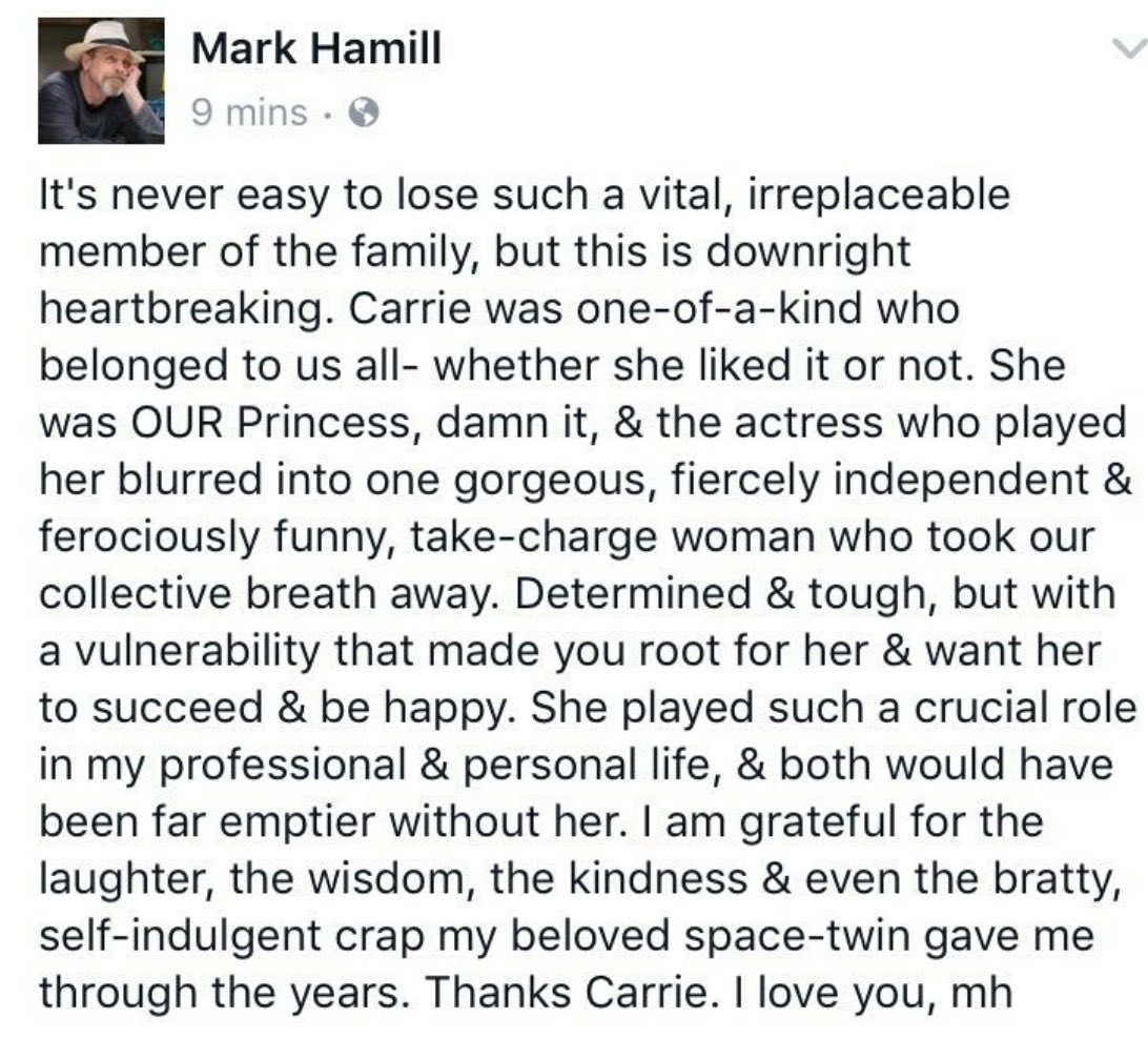 12DAYSTARWARS's tweet image. MARK HAMILL SENDS A HEART FELT MESSAGE REGARDING HIS "SPACE-TWIN" IN #StarWars and LIFE! #ripcarriefisher #devestated