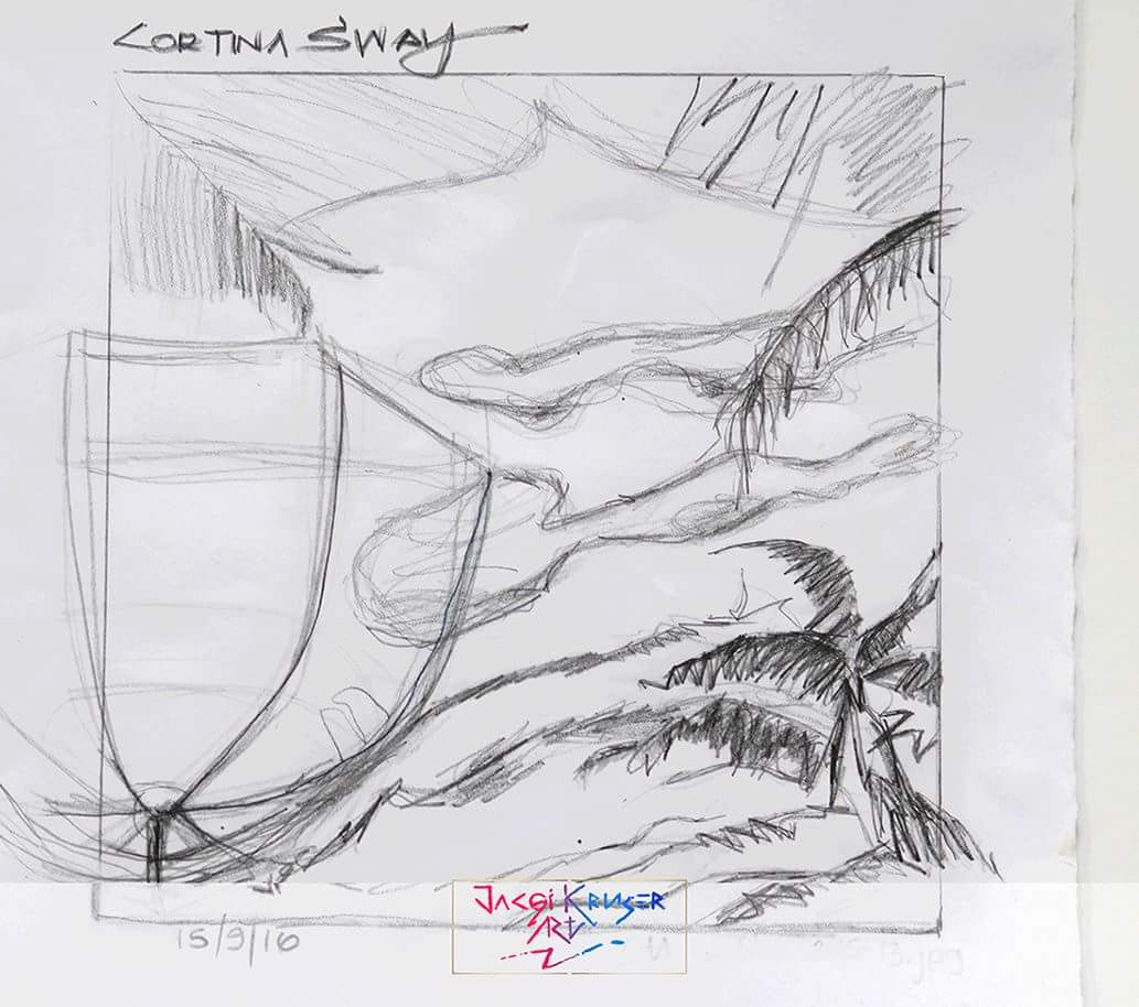 ARTbyJax's tweet image. Sway-For Your Eyes Only © Jacqi Kruger Art 2016 #initialsketch #foryoureyesonly #pencilsketch #umbrella #palmtree #foliage #sway