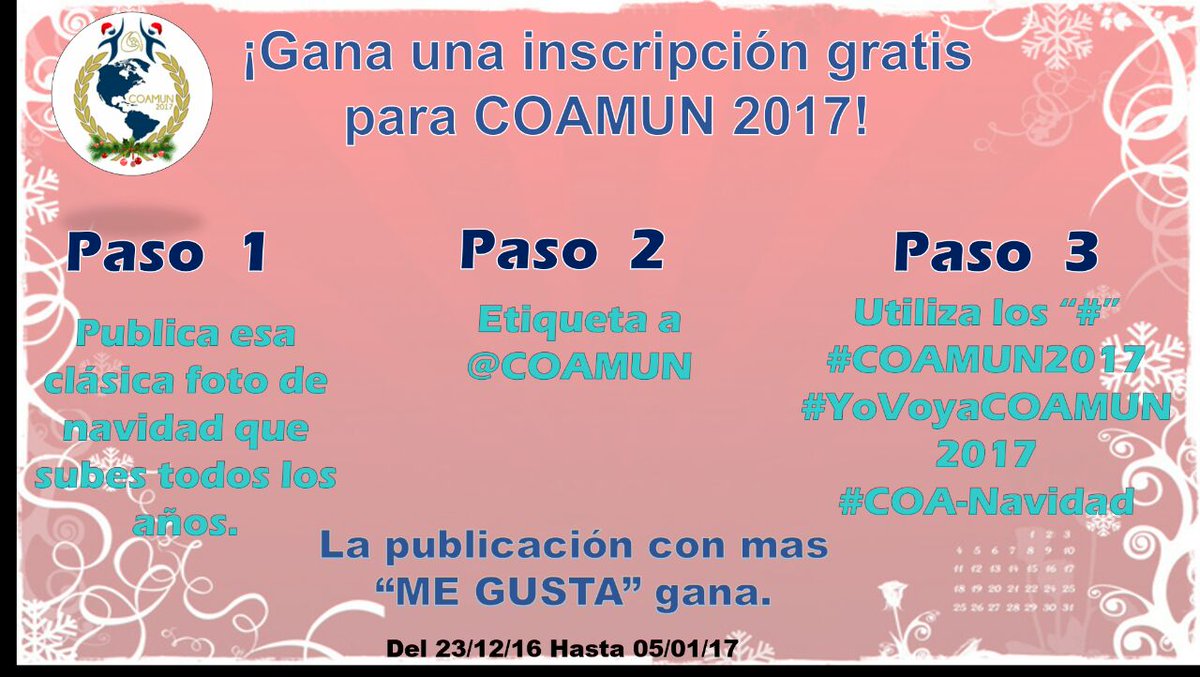 coamun's tweet photo. CONCURSO⬅ NO TE LO PIERDAS!! Siguenos em instagram y facebook.. gana tu inscripcion #COAMUN2017 #YoVoyaCOAMUN2017 https://t.co/JbkB8yB90h