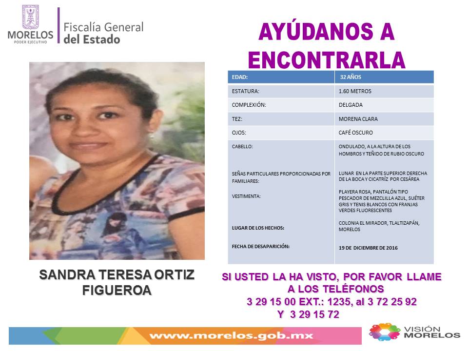 #TeBuscamos SANDRA TERESA ORTIZ FIGUEROA,de 32años. #Desaparecida el 19/12/16, en #Tlaltizapán #Morelos. <a href="/morelosred/">morelos red</a> <a href="/solociudadanos/">solociudadanos</a> <a href="/qual36/">RicardoAlvarado</a>