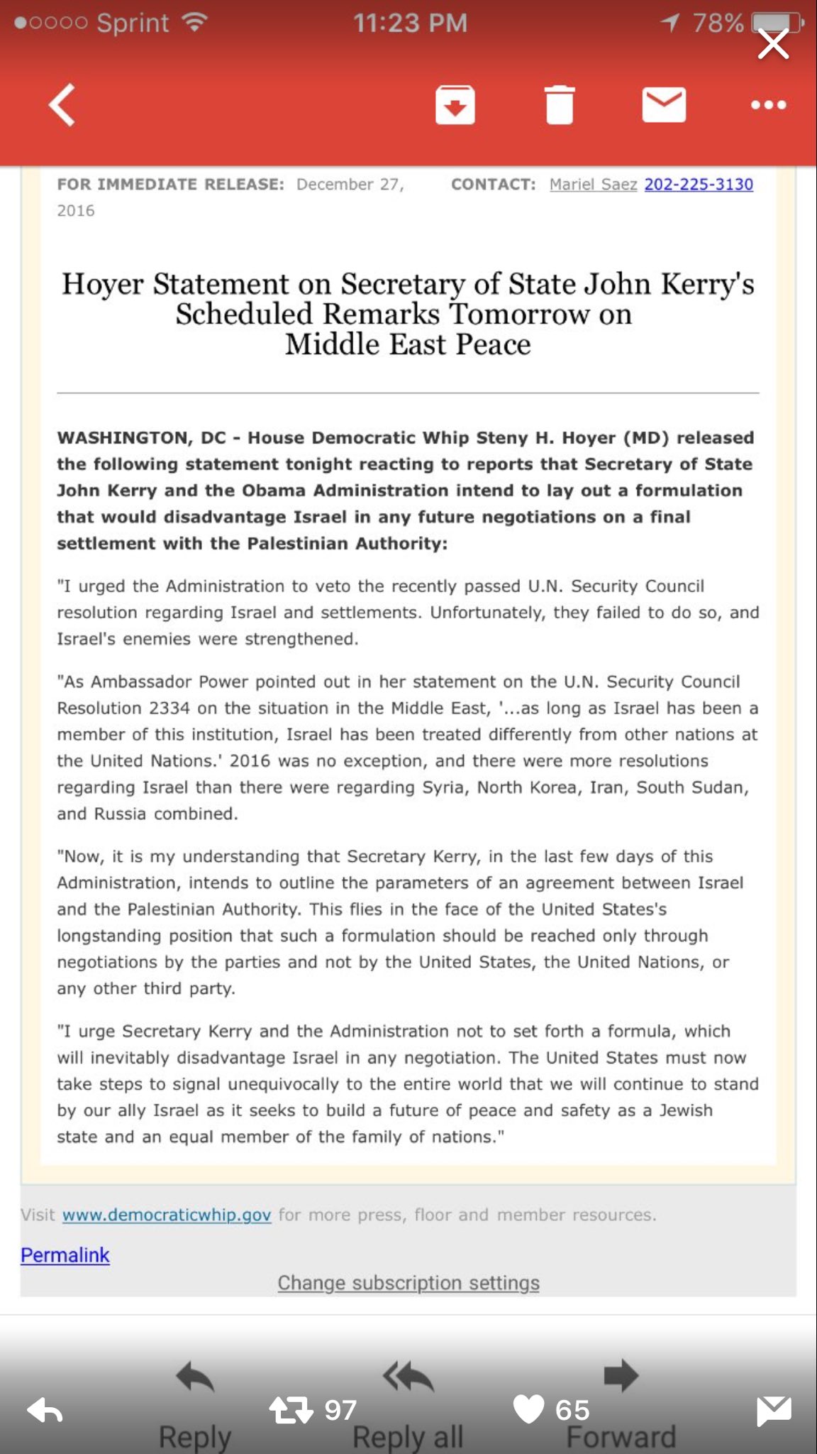 Steny Hoyer's reaction