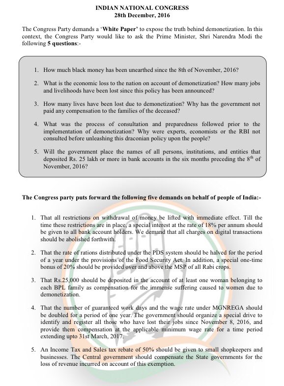 RahulGandhi's tweet image. The Congress Party's Charter of Demands on demonetization on behalf of the people of India. The Prime Minister must answer these questions