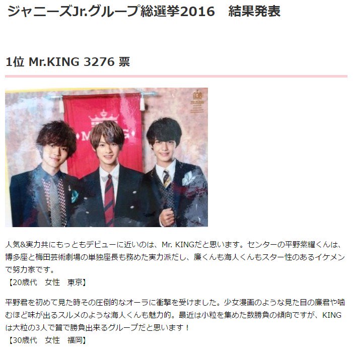 Nami ジャニーズjr グループ総選挙16結果発表 ファンが選ぶ次にデビューして欲しいグループのランキングは T Co Oqdxlnjc8j 1位 Mr King O Mr King 平野紫耀 永瀬廉 高橋海人 T Co Cxdyaayo8b Twitter