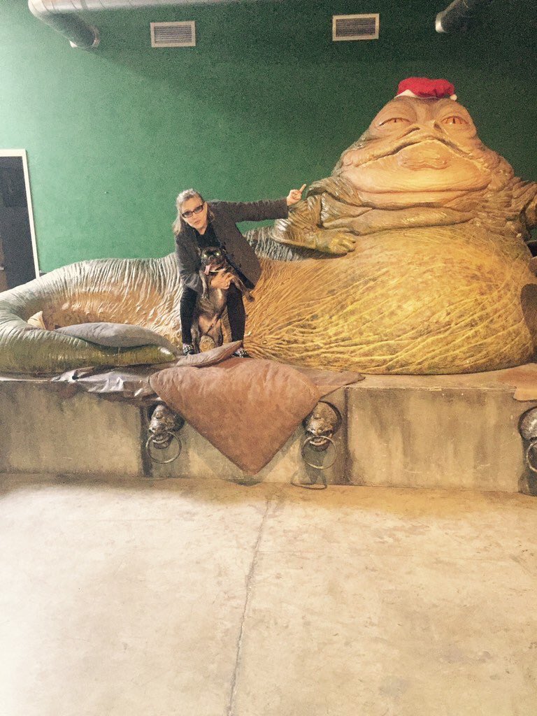 Y'all, <a href="/carrieffisher/">Carrie Fisher</a> giving the finger to her santa-hatted captor and @Gary_TheDog giving tongue and laser eyes.