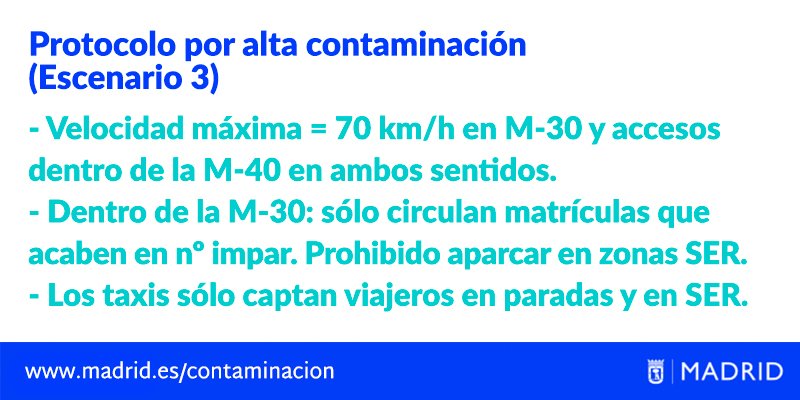 MADRID's tweet photo. Mañana, jueves, escenario 3: sólo podrán circular por la almendra central (área interior de la M30) vehículos con matrícula acabada en impar https://t.co/JYdQGO6aqI