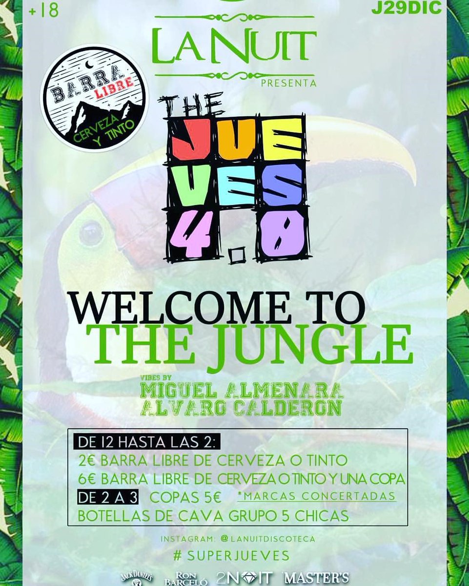 ¡¡WELCOME TO THE JUNGLE!!

Barra Libre de #Cerveza y #Tinto por 2€???!!! En #DiscoLaNuit #Sevilla lo tenemos! 
#Fiesta #LaNuitParty