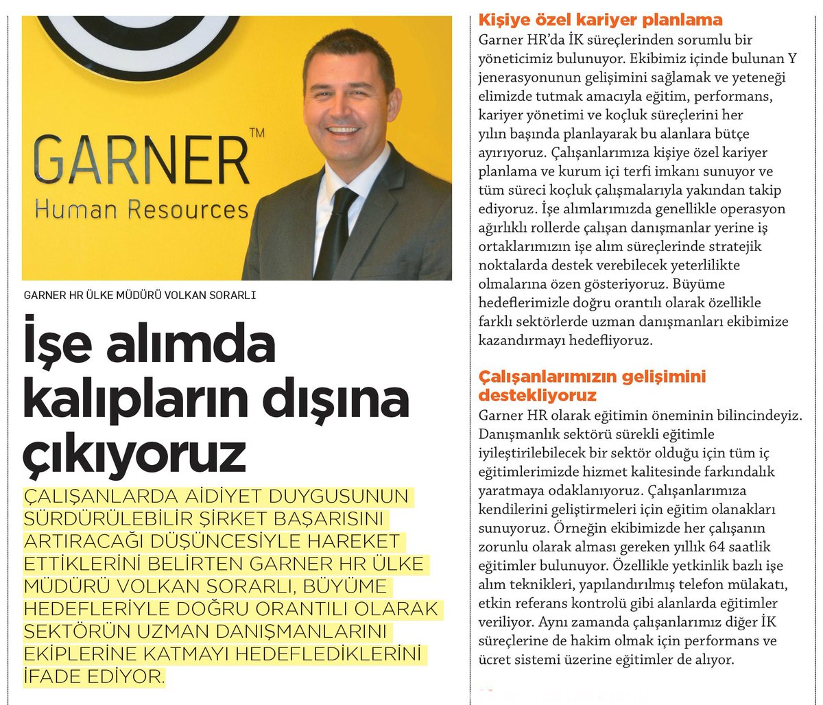 Aralık ayı <a href="/kariyernet/">Kariyer.net</a> sayısında Ülke Müdürümüz Volkan Sorarlı, Garner HR'ın başarısının kaynağını anlattı. Mutlu Ekip Ruhu = Mutlu Müşteri