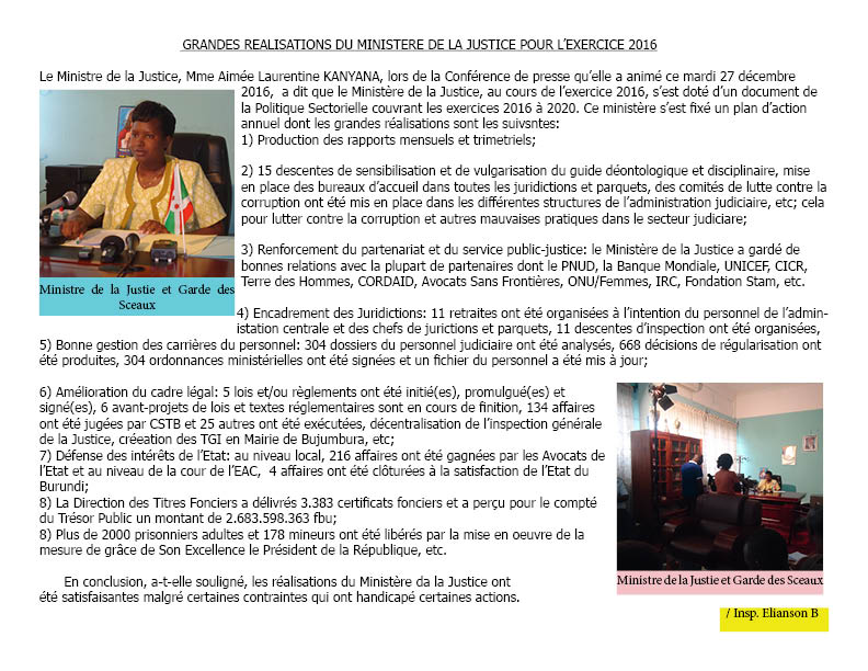#Burundi: 27 déc. 2016, le Ministre de la Justice, <a href="/AimeeLaurentine/">Laurentine Kanyana</a> a présenté les grandes réalisations du <a href="/MiniJustice/">Justice mini</a> pr l'exercice 2016