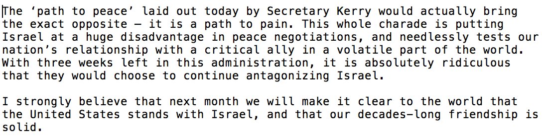 Secretary Kerry says he wants a path to peace, but this speech was a path to pain. Full statement below. #Israel