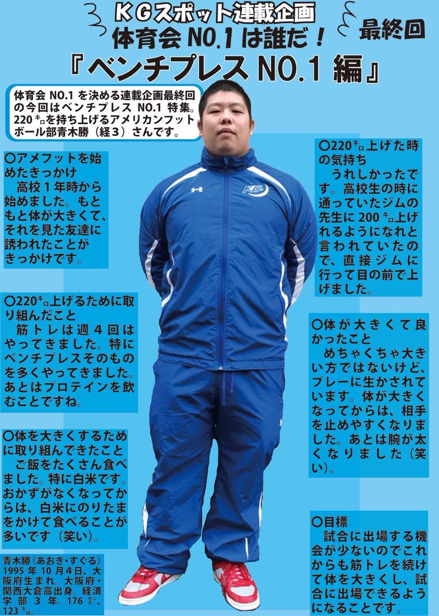 Uzivatel 関学スポーツ編集部 Na Twitteru kg spot 週刊関学スポーツ 関学spot 第61回 連載企画 体育会 No 1 最終回はベンチプレス編です ベンチプレス220 を持ち上げるアメリカンフットボール部青木勝 経3 を紹介します