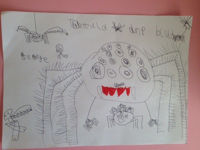 CateMcAlin's tweet photo. @OhNoItsBex #KidsDrawComp "trantula drip blud" by my 5yo son George! https://t.co/6Tfi4afkmQ