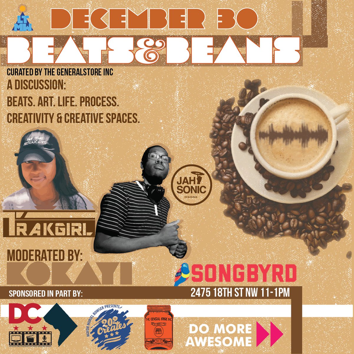 kokayi's tweet image. 12.30.16 Last jont of 2016. BeatsnBeans w/ @trakgirl &amp;amp; @jahsounds We&apos;re smobbin @SongbyrdDC 11-1PM Slide through. #getyourlife #202creates