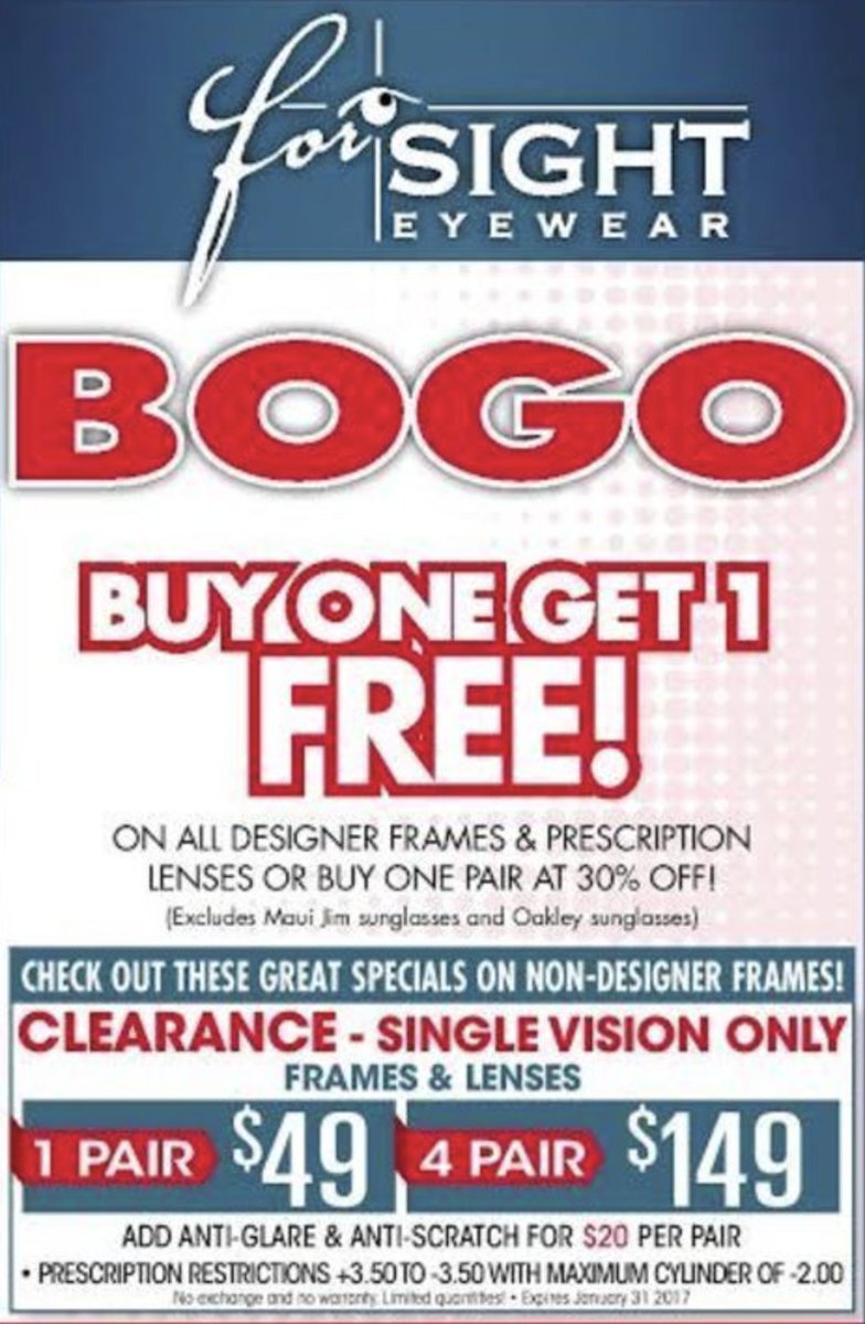 SPECIAL OFFER!! Come in today and check out our great deals we have on right now! #HamOnt #BurlON #Hamilton #Glasses #EyeTest #Frames