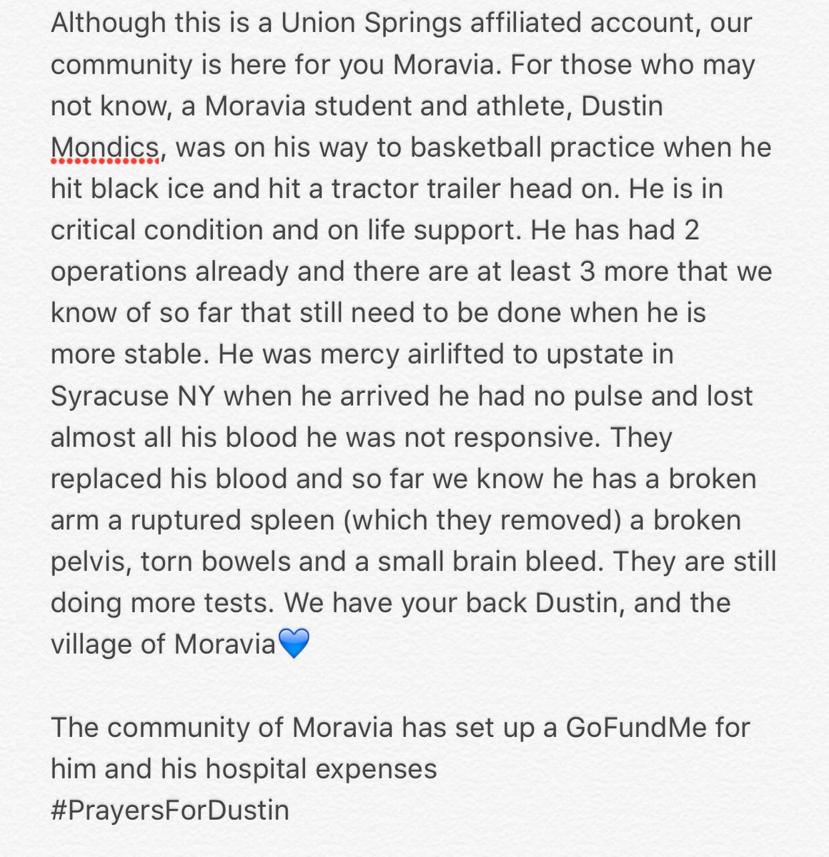 uspringswolves's tweet photo. Moravia, we have your back💙@MoraviaDirt2016 #PrayersForDustin https://t.co/DKLucRlfqI