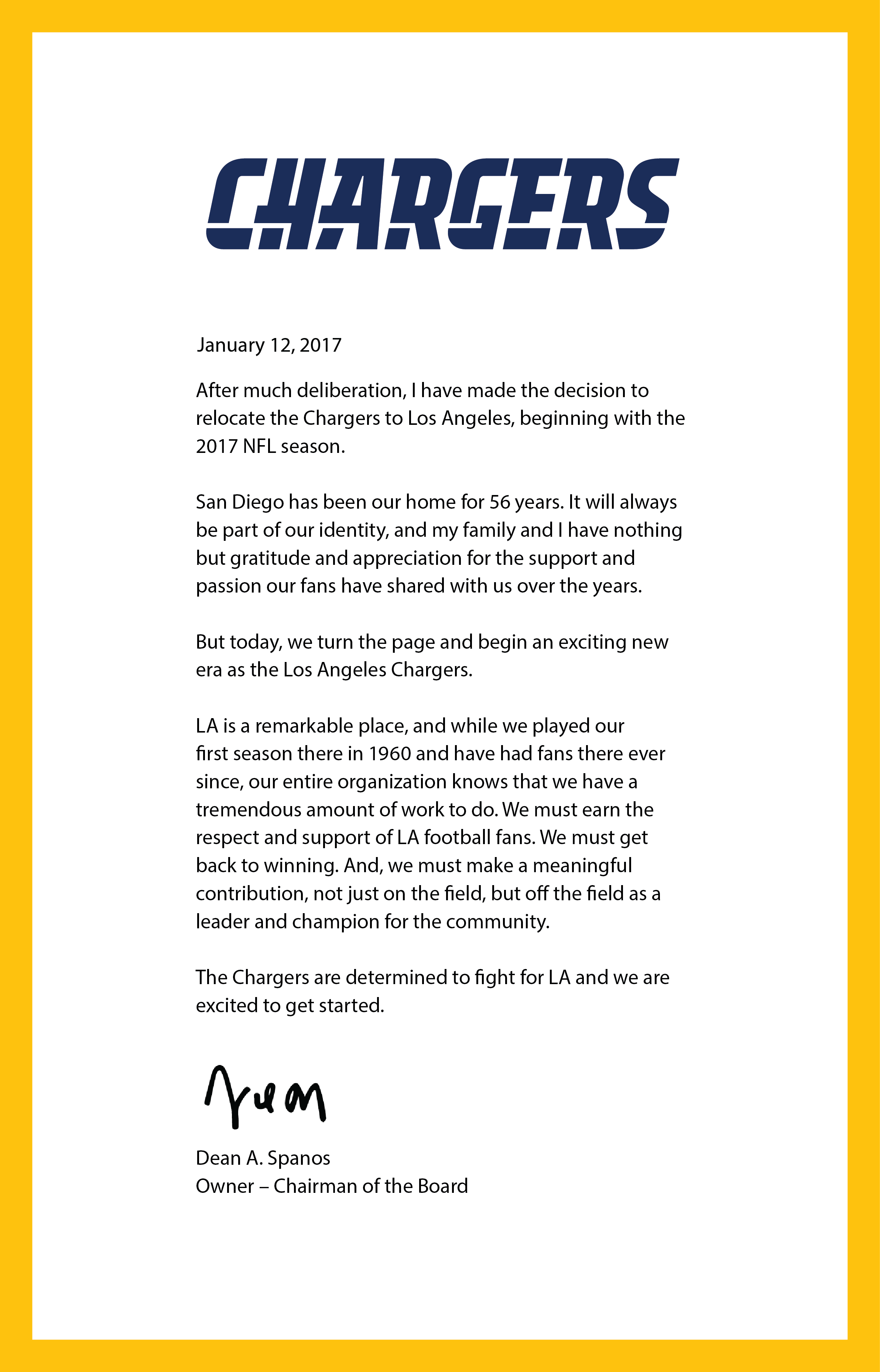 Los Angeles Chargers on X: 'A letter from Dean Spanos