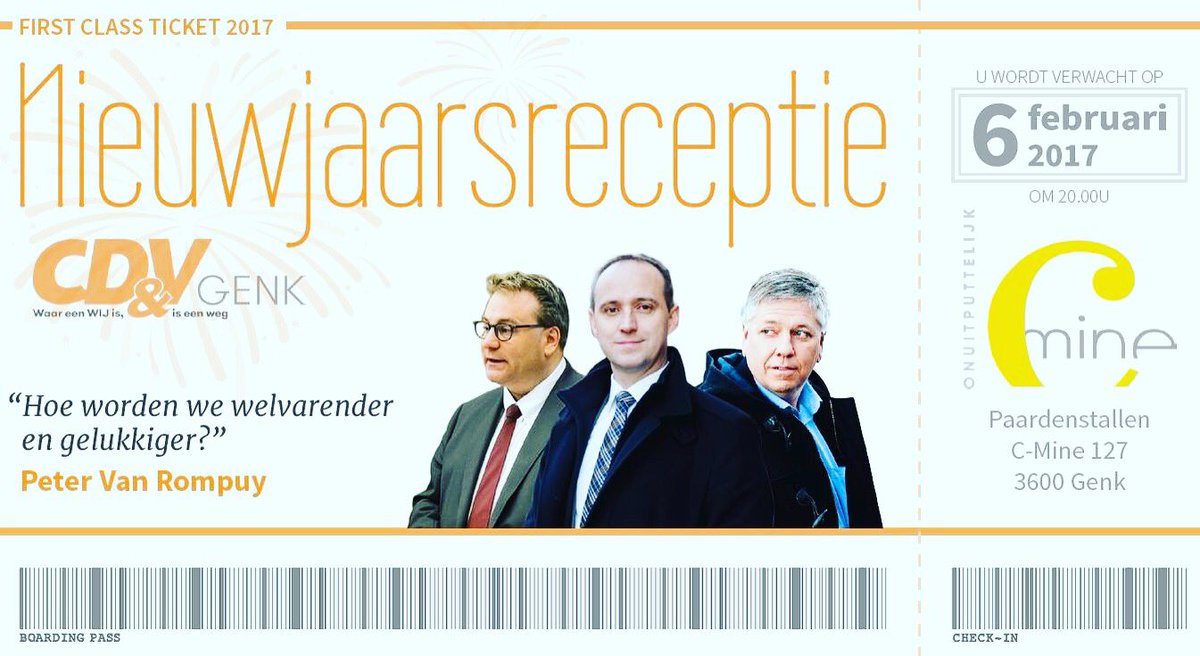 CDenVGENK's tweet photo. 6/2, 20u nieuwjaarsreceptie CD&amp;V Genk met @JoVandeurzen @wimdries Erik Gerits @Petervanrompuy ! Inschrijving: secretariaat@cdenvgenk.be https://t.co/HJAsg8lpSa