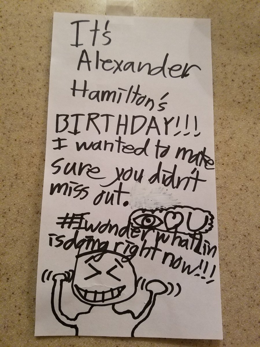 Note left for me by my son last night. The best part is Lin's eyebrows! <a href="/HamiltonMusical/">Hamilton</a> <a href="/Lin_Manuel/">Lin-Manuel Miranda</a>