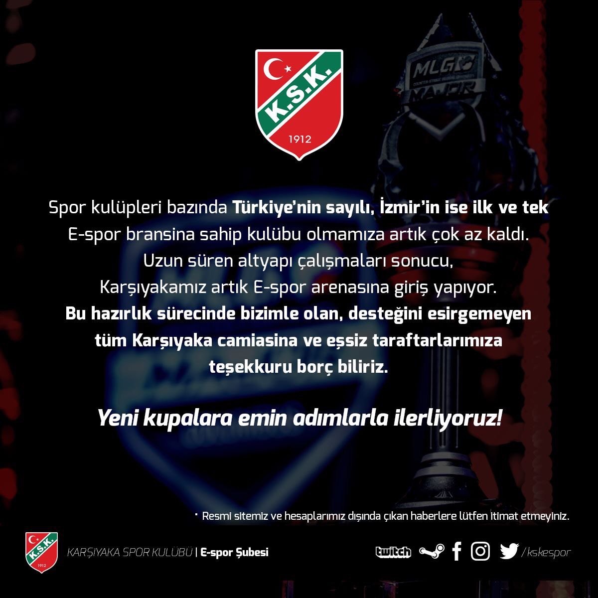 Karşıyaka Spor Kulübü, E-spor'a giriş yaptığını duyurdu.