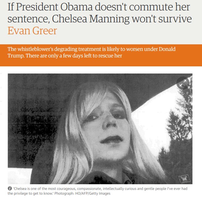 Regardless of how you feel about Chelsea Manning's whistleblowing we can all agree she has suffered enough theguardian.com/commentisfree/… cc <a href="/POTUS/">President Donald J. Trump</a>