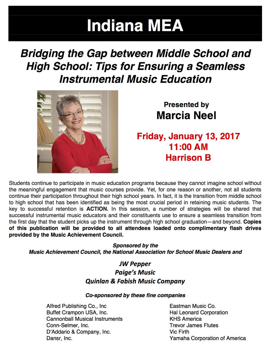 Need tips to retain Ss moving from MS2HS #MusicEd?
Thks <a href="/jwpepper/">J.W. Pepper</a> <a href="/PaigesMusic/">Paige's Music</a> <a href="/QuinlanFabish/">Quinlan And Fabish</a> 4 sponsoring @MusicEdConsult #IMEA17 session!