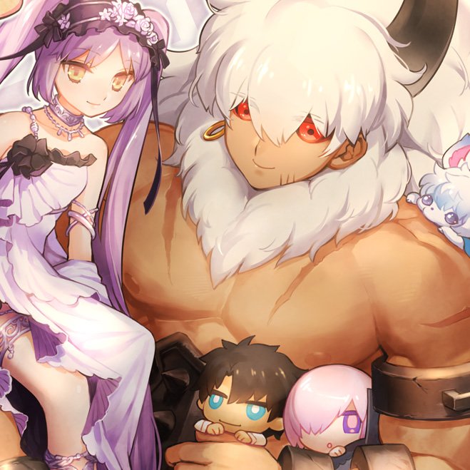 エウリュアレ(Fate) ,フォウ ,ぐだ男 ,マシュ・キリエライト(Fate) 「1月26日発売「FGOコミックアラカルトV」にアステリオスとエウリュアレ(+ぐだ」|てつこ/てつくずのイラスト