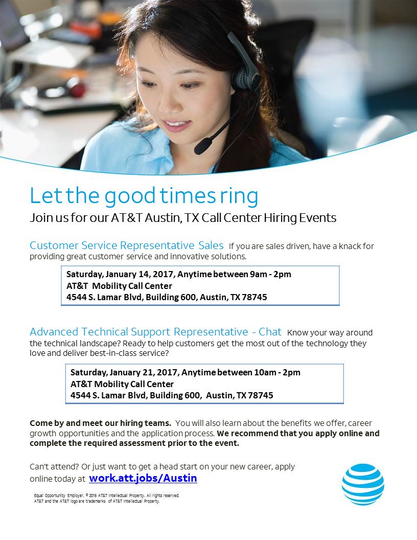 tjohnsonRecruit's tweet photo. AT&amp;T #Austin, TX Call Center Sales &amp; Tech Support #Hiring Events, 1/14/17 &amp; 1/21/17. 4544 S. Lamar Blvd, Bldg 600. https://t.co/1km2K4jMDH https://t.co/b93Qt990lD