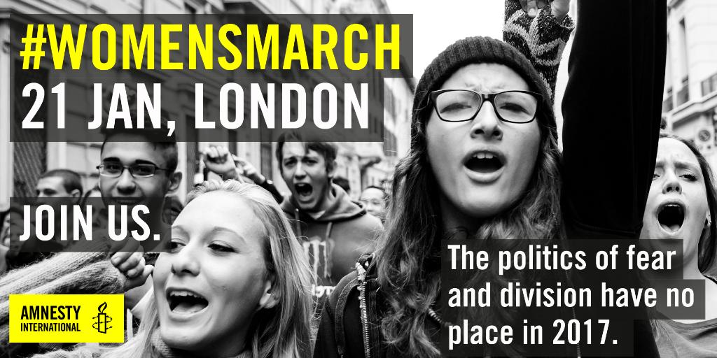 AmnestyUK's tweet photo. We're marching in defence of human rights with @womensmarch in London, Edinburgh and Belfast on 21 Jan. Join us: https://t.co/y9UDk8liwd https://t.co/4UCRjLIvgy