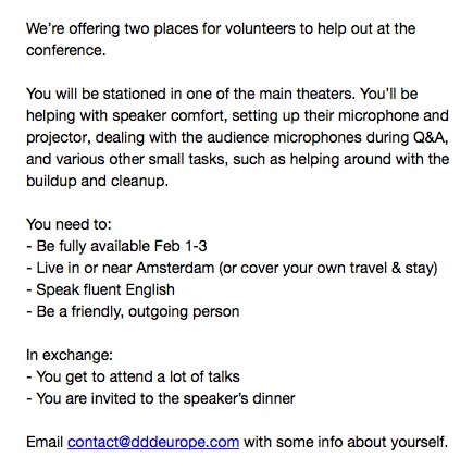 ddd_eu's tweet photo. We’re offering two places for volunteers to help out at the conference. contact @ https://t.co/WRHrfPVBKk https://t.co/SA1dk6CXZQ