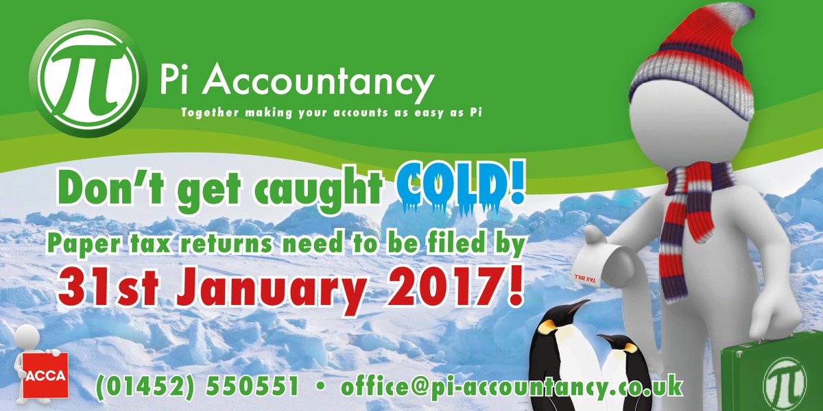 Don't get caught with a £100 fine!  File your #taxreturn before 31 January deadline
Call Pi on 01452 550 551 
pi-accountancy.co.uk