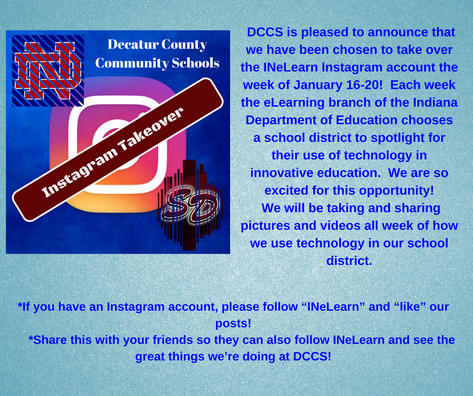 dottiehellmich's tweet photo. DCCS is taking over the IDOE's eLearning Instagram account.  Join us next week to see our 1:1 story! #ndeschargers #INeLearn https://t.co/9gXGeRXQlr