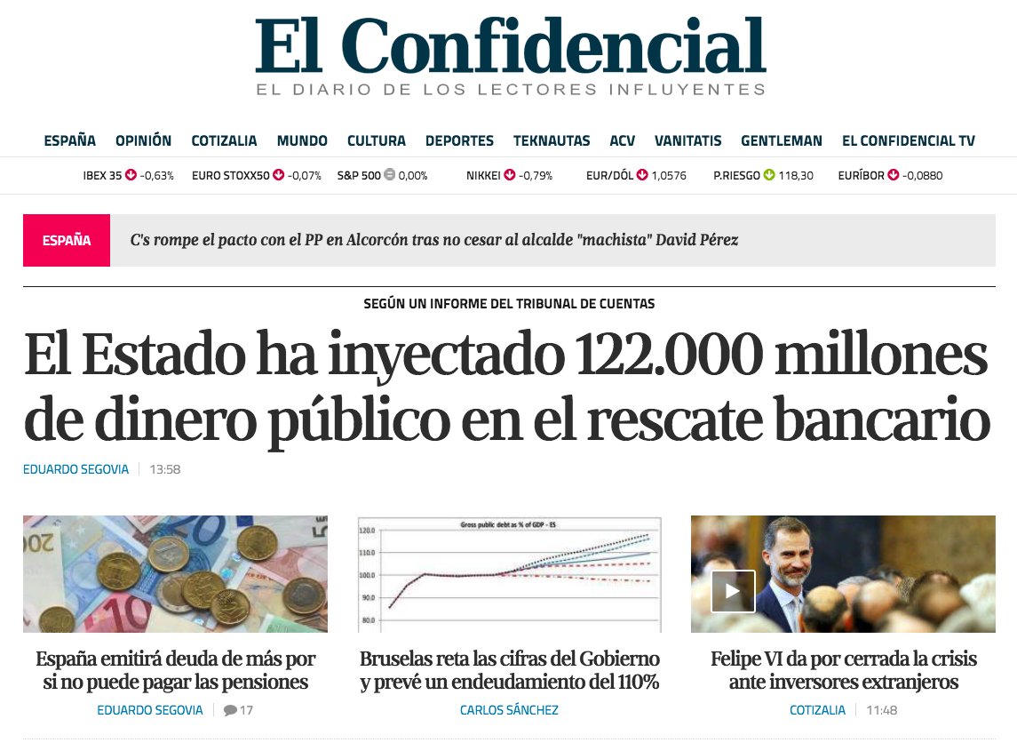 elconfidencial's tweet photo. En portada: El Estado ha inyectado 122.000 millones de dinero público en el rescate bancario https://t.co/TIbFFWuxva https://t.co/26NwepYKtA