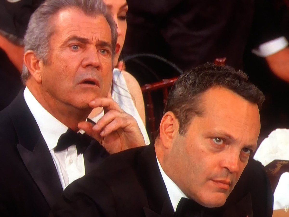 DineshDSouza's tweet photo. Mel Gibson and Vince Vaughn register their priceless reaction to Crazy Aunt Meryl's rant against Trump at the Golden Globes https://t.co/yr4U2NKBnQ