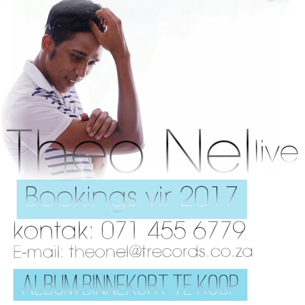 Theonel2's tweet image. Vir jou 2017 bookings 
Kontak ons kantoor vir jou booking

Kantoor nommer: 071 455 6779
E-mail: theonel@trecords.co.za

Hoor graag van jou..