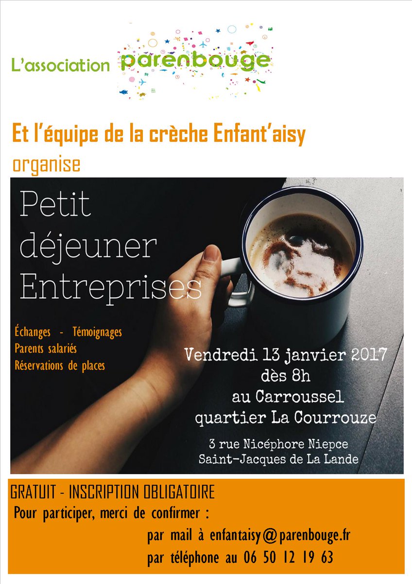 J-3 petit déjeuner vendredi 13 janvier 8h-10h des places de crèches pour les salariés à #rennes en 2017 inscription lc.cx/J5AF
